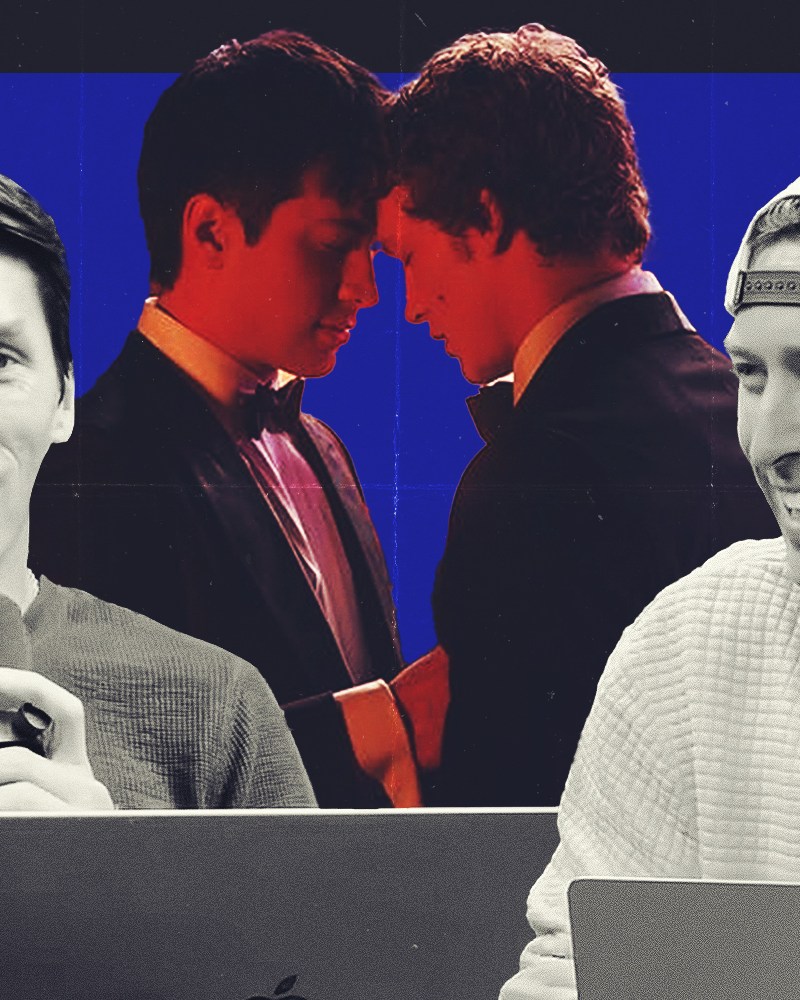 A scene from the show "Heated Rivalry" behind an image of Dan and Chris Powers of the podcast "Empty Netters"