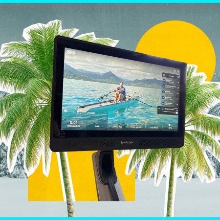 A photo of the screen on a Hydrow rowing machine in front of palm trees, a sun and a winter scene with snowy trees