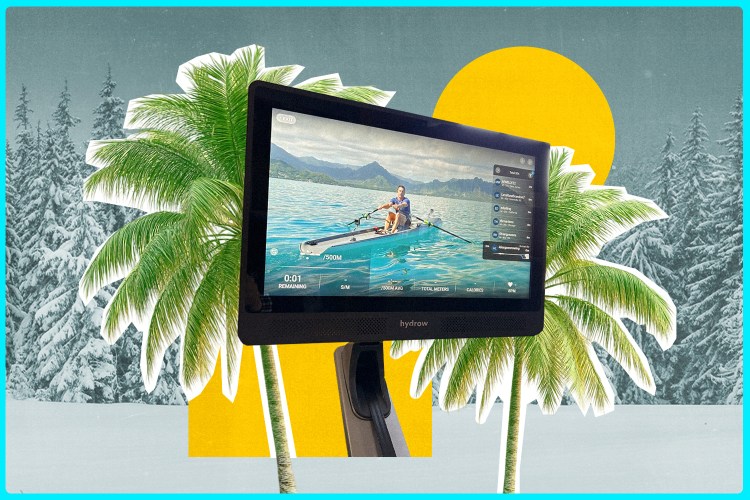 A photo of the screen on a Hydrow rowing machine in front of palm trees, a sun and a winter scene with snowy trees