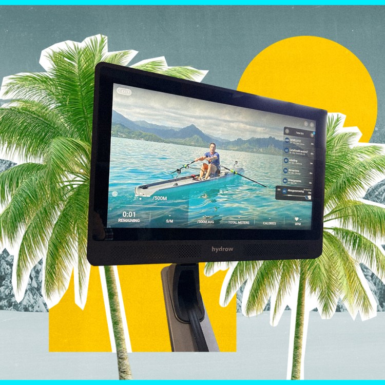 A photo of the screen on a Hydrow rowing machine in front of palm trees, a sun and a winter scene with snowy trees