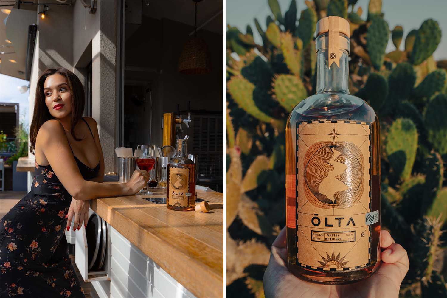 Selene Nestor, founder and CEO of Olta Distillery (left); a bottle of Olta whisky