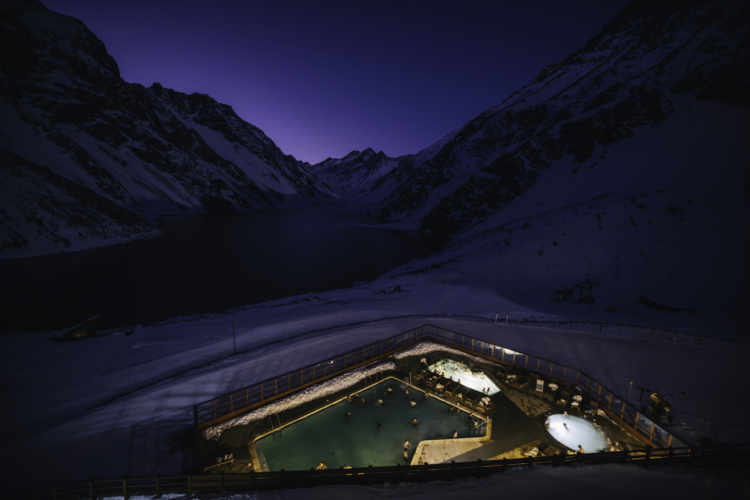 An aerial view of the resort's pool and hot tub.