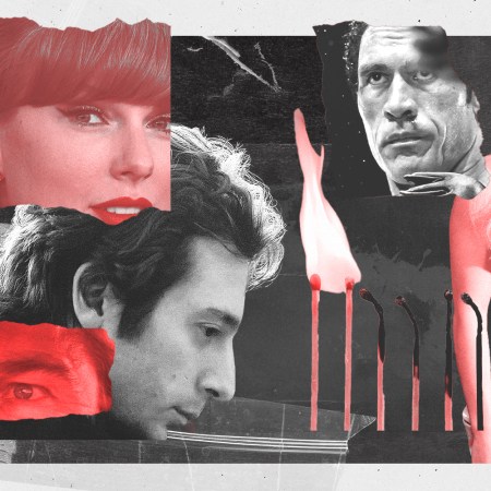 A collage of some of the biggest moments in pop culture from 2025: Taylor Swift, Jeremy Allen White, Dwayne "The Rock" Johnson, Sydney Sweeney and Leonardo DiCaprio