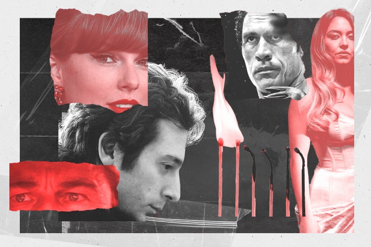 A collage of some of the biggest moments in pop culture from 2025: Taylor Swift, Jeremy Allen White, Dwayne "The Rock" Johnson, Sydney Sweeney and Leonardo DiCaprio