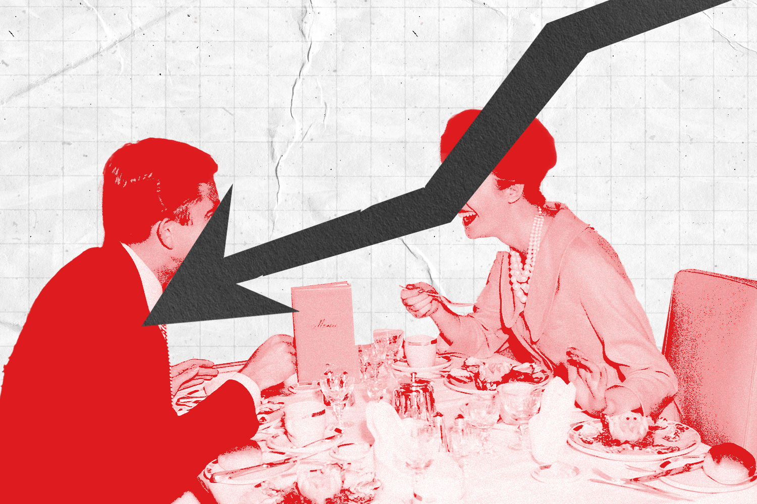 A man and a woman sitting down to dinner in a photo illustration with a downward trending arrow