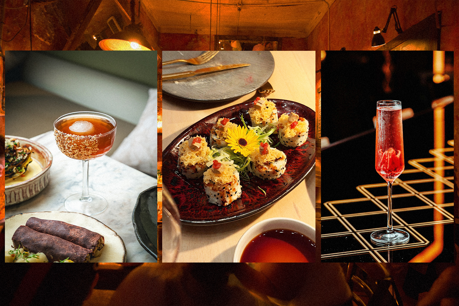 cocktails and food photos overlaid on top of a bar photo