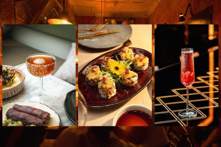 cocktails and food photos overlaid on top of a bar photo