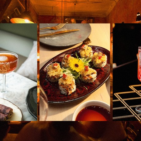 cocktails and food photos overlaid on top of a bar photo