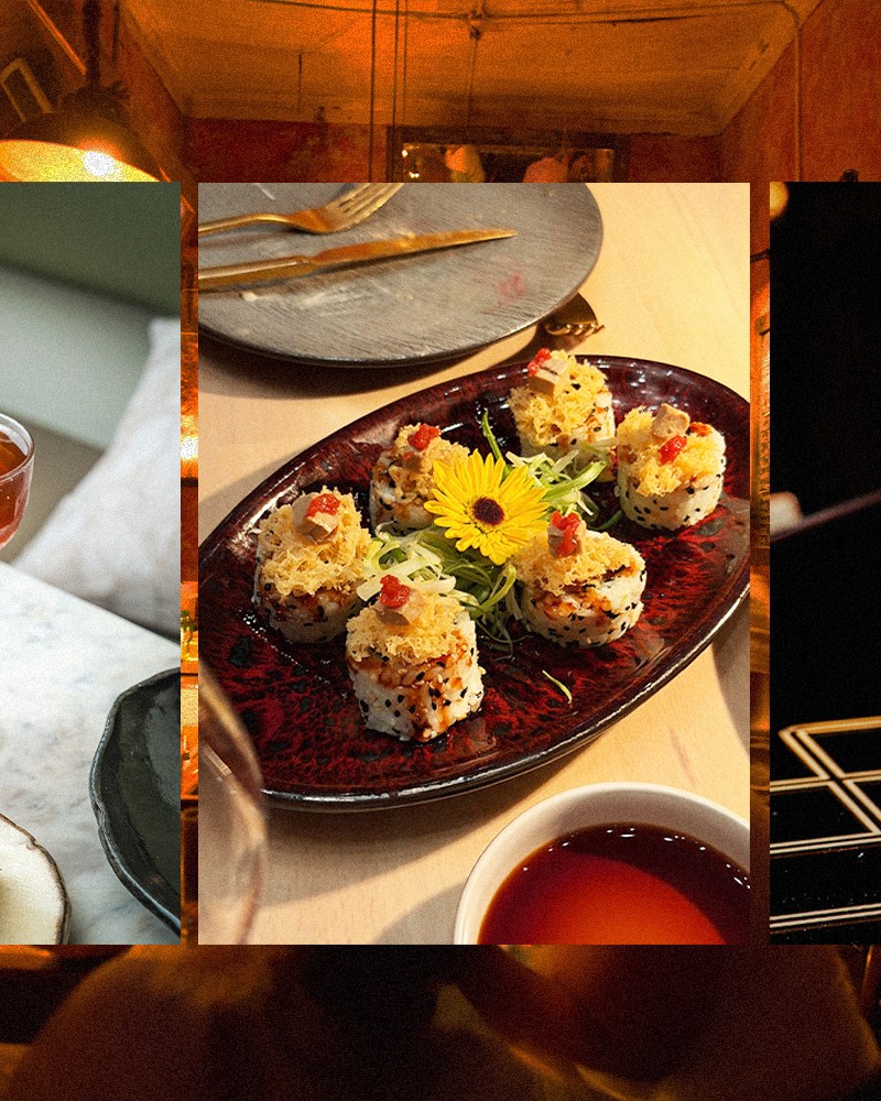 cocktails and food photos overlaid on top of a bar photo