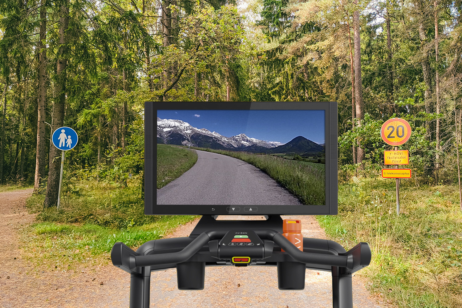 A treadmill screen from the Aviron Victory Treadmill Plus superimposed on a woodland trail.