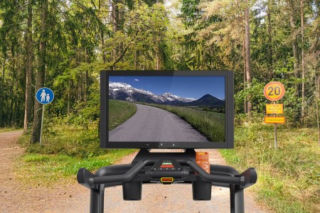 A treadmill screen from the Aviron Victory Treadmill Plus superimposed on a woodland trail.