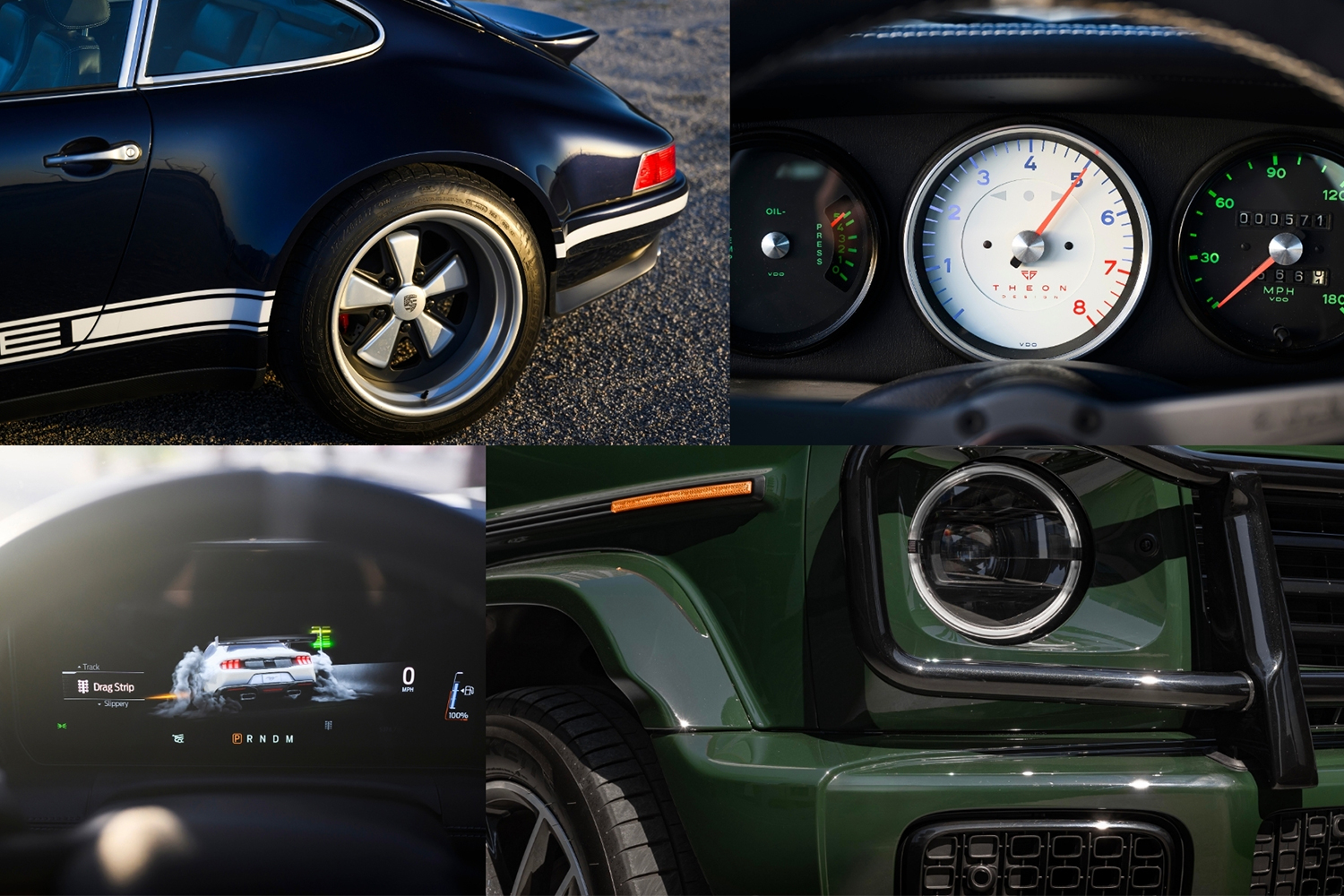 A collage of some of the best vehicles we drove in 2025 at InsideHook, including a custom Porsche, the Ford Mustang GTD and the Mercedes-Benz G550