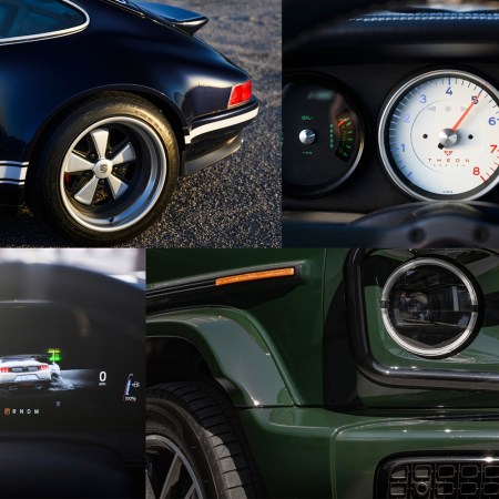 A collage of some of the best vehicles we drove in 2025 at InsideHook, including a custom Porsche, the Ford Mustang GTD and the Mercedes-Benz G550