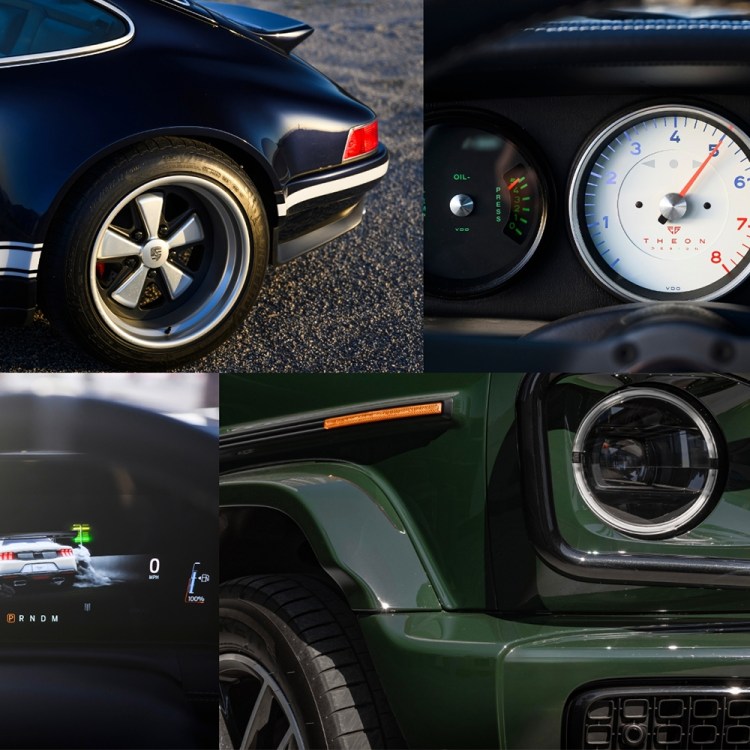 A collage of some of the best vehicles we drove in 2025 at InsideHook, including a custom Porsche, the Ford Mustang GTD and the Mercedes-Benz G550