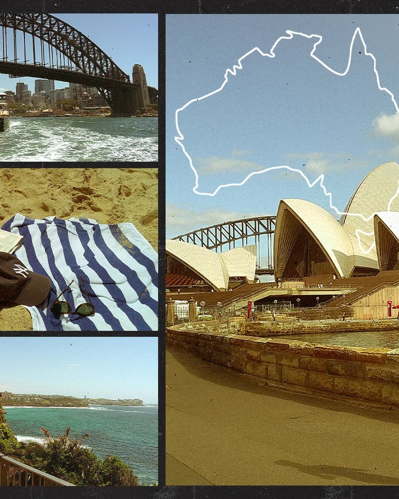 Runner in Sydney, Australia with illustrated map overlay and scenic city views.