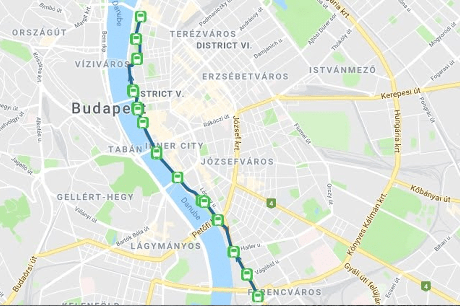 The 2 tram route Budapest Map