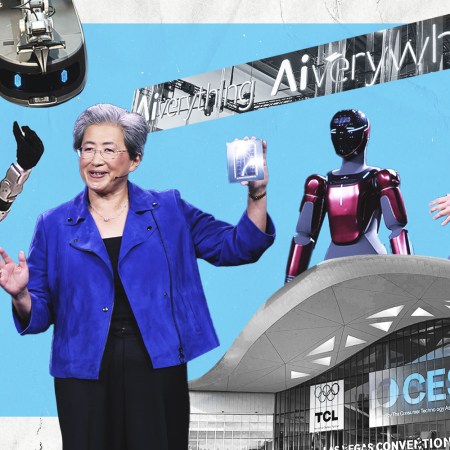 A collage of photos from CES 2026, including dancing robots, laundry robots and the main sign at the Las Vegas Convention Center