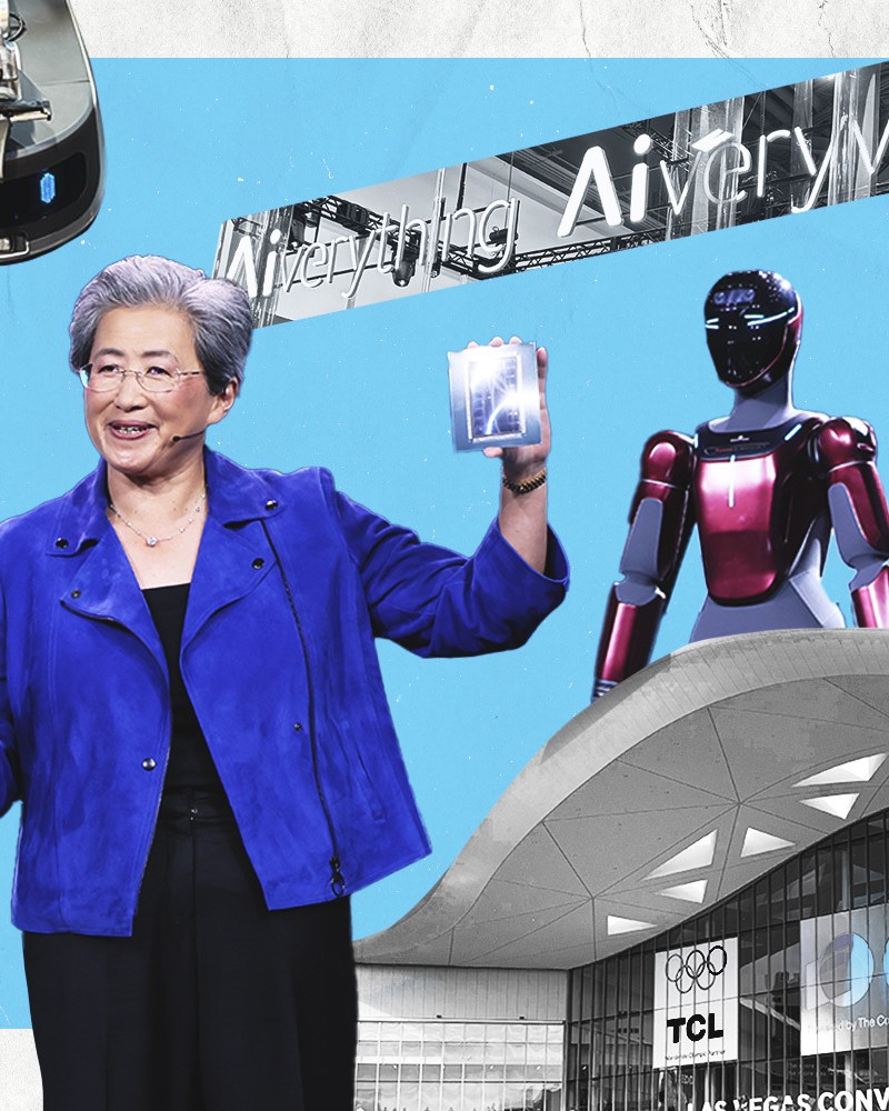 A collage of photos from CES 2026, including dancing robots, laundry robots and the main sign at the Las Vegas Convention Center