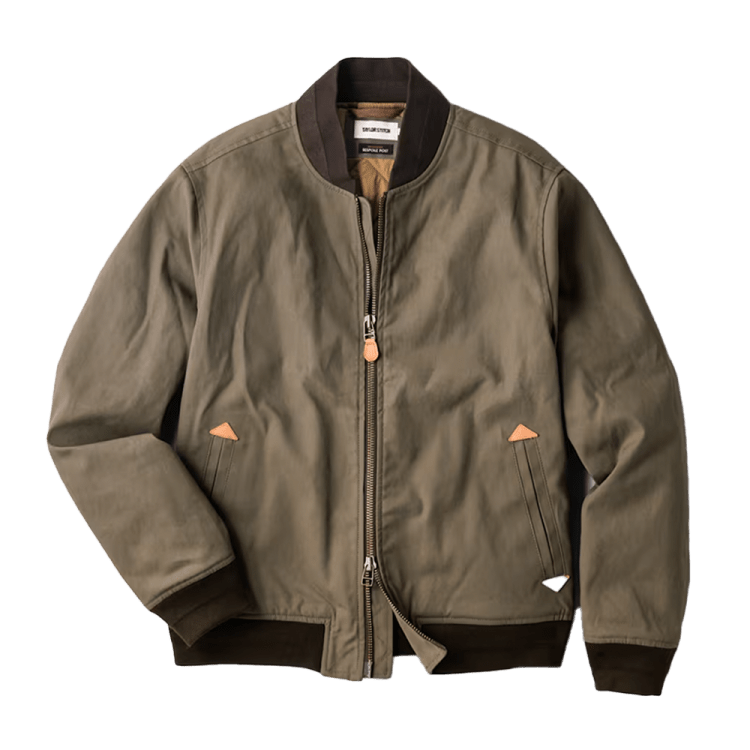 Bespoke Post x Taylor Stitch Dry Waxed Canvas Bomber Jacket on transparent background