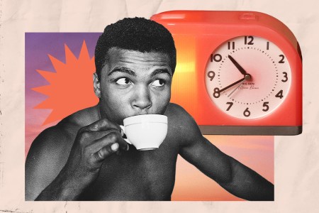 Muhammad Ali sipping a cup of coffee, with an illustration of a rising sun and an orange alarm clock.