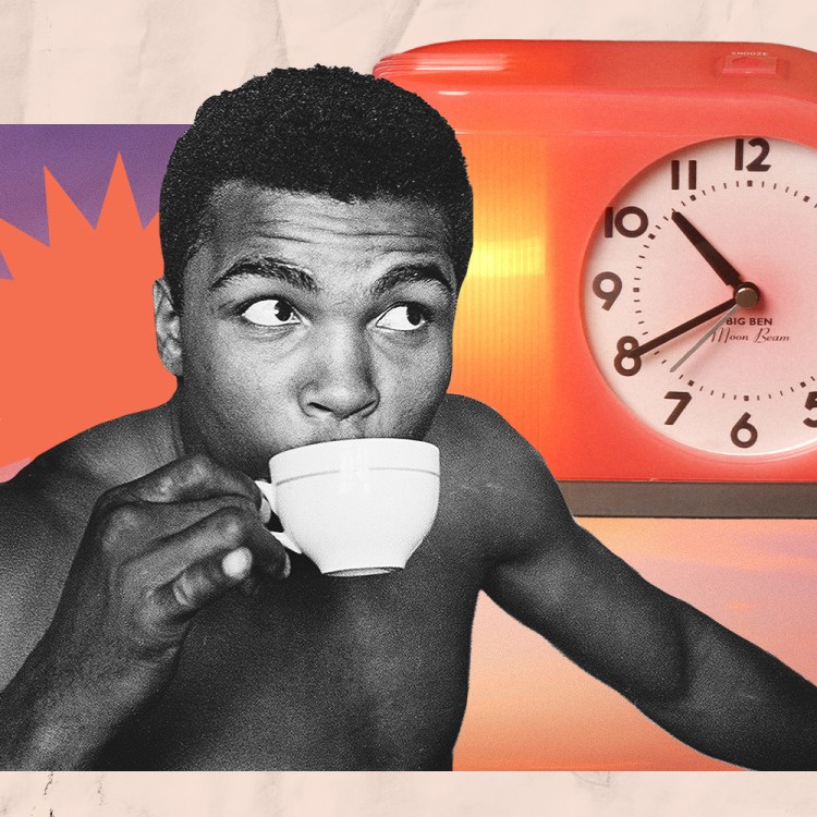 Muhammad Ali sipping a cup of coffee, with an illustration of a rising sun and an orange alarm clock.