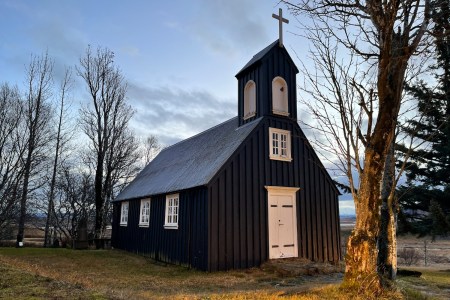 Church with trees around it