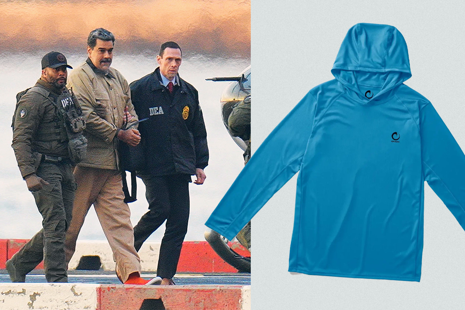 Nicolas Maduro is seen in handcuffs after landing at a Manhattan helipad, escorted by heavily armed federal agents on January 5, 2026. Next to that image is a blue hoodie from the Maine brand Origin, which Maduro was seen wearing when he landed in New York on January 3.