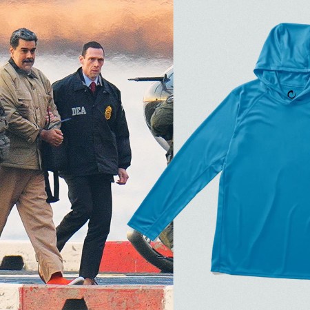 Nicolas Maduro is seen in handcuffs after landing at a Manhattan helipad, escorted by heavily armed federal agents on January 5, 2026. Next to that image is a blue hoodie from the Maine brand Origin, which Maduro was seen wearing when he landed in New York on January 3.