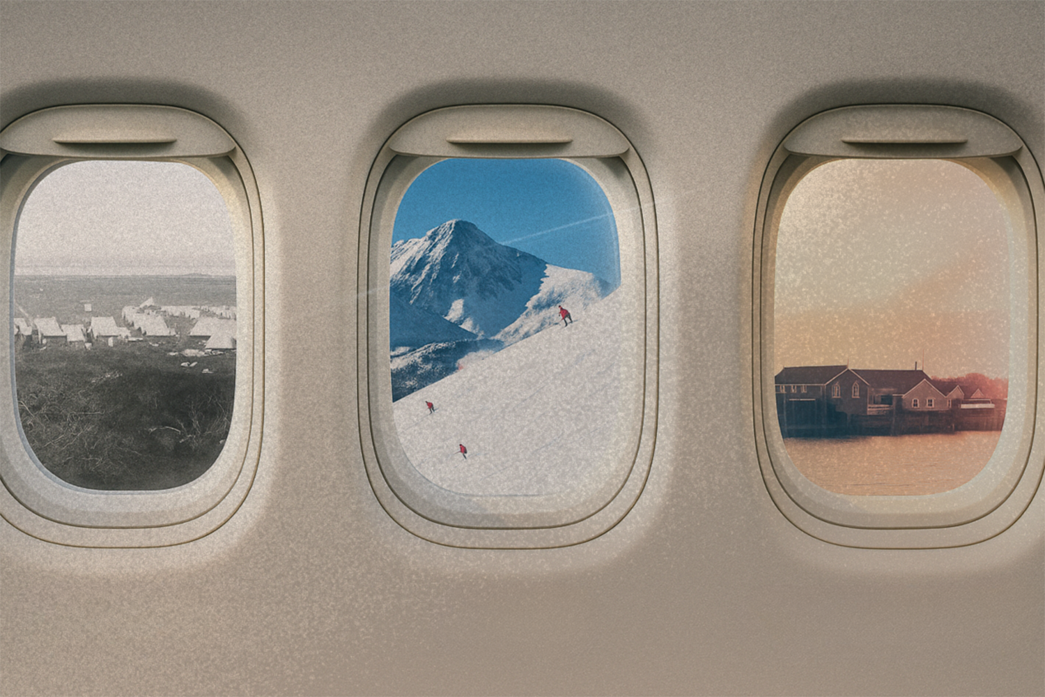 Three airplane windows with different views out of them, including tents, mountains and a coastal town