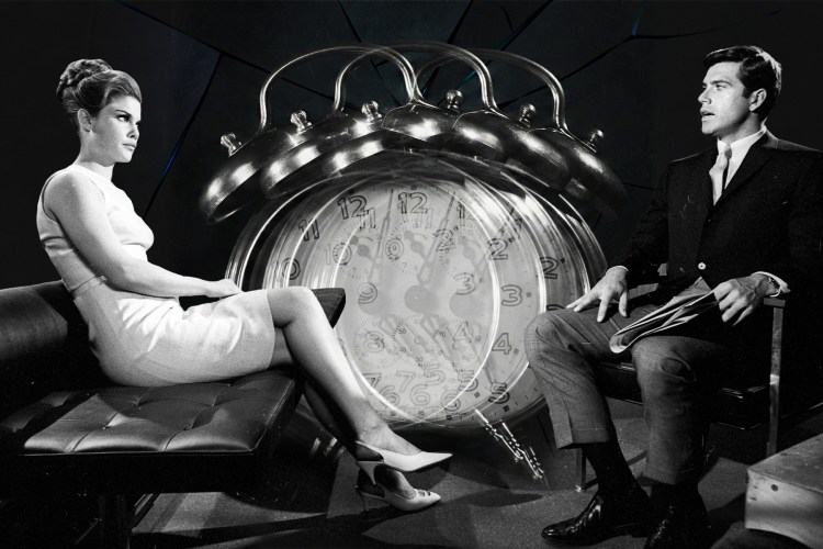 A couple with an alarm clock in the middle