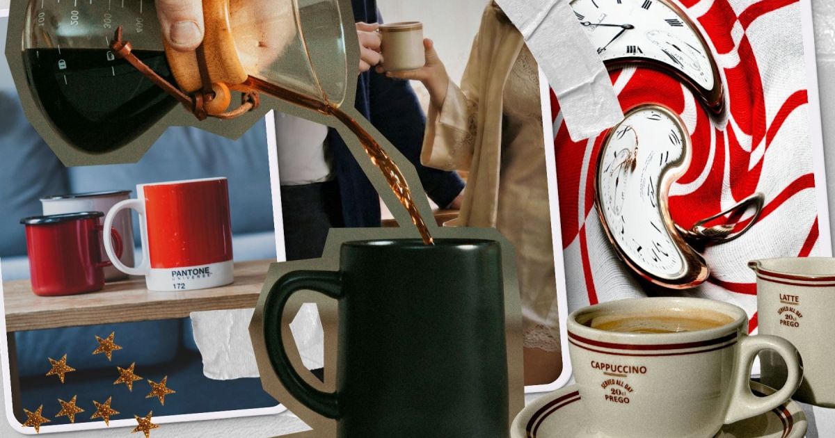 A collage of coffee makers and cups