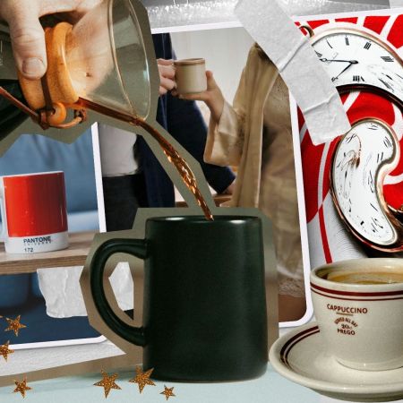 A collage of coffee makers and cups