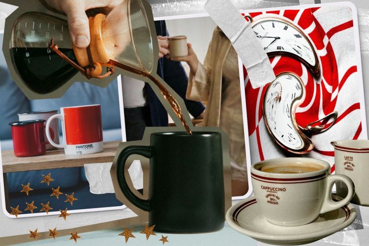 A collage of coffee makers and cups