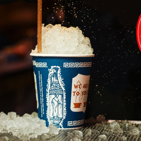 Bar Snack Guinness Eggnog cocktail in blue paper cup