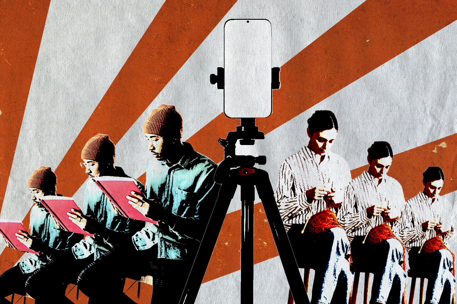 Person sitting reading a book and a person crocheting with a phone on a tripod in the midda