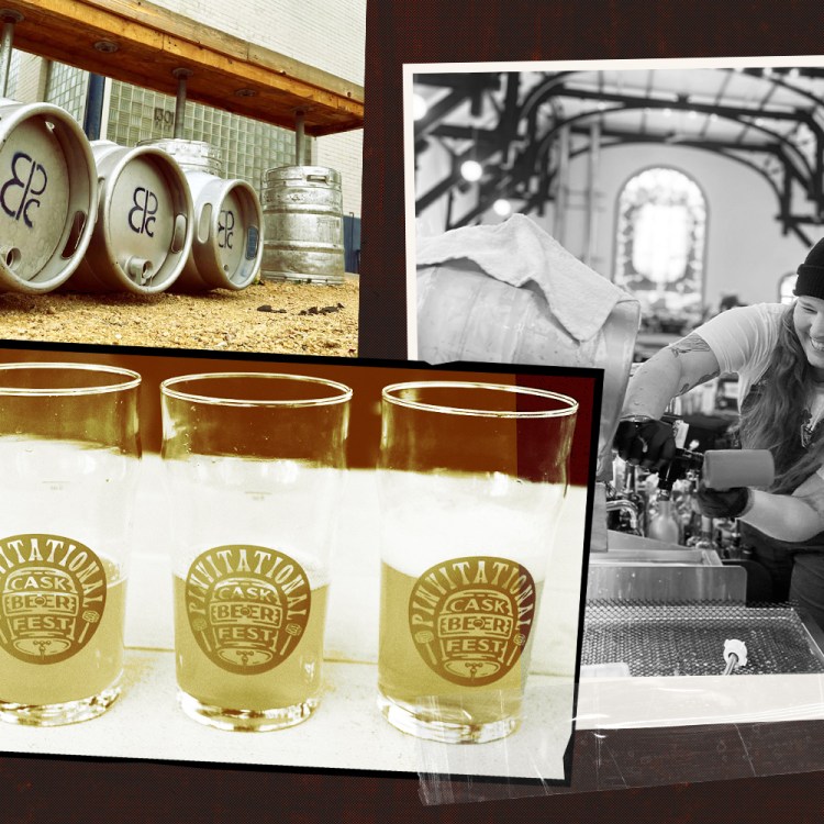 kegs, pints and a woman pouring cask ale