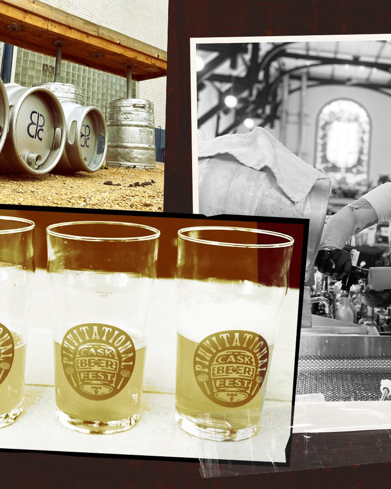 kegs, pints and a woman pouring cask ale