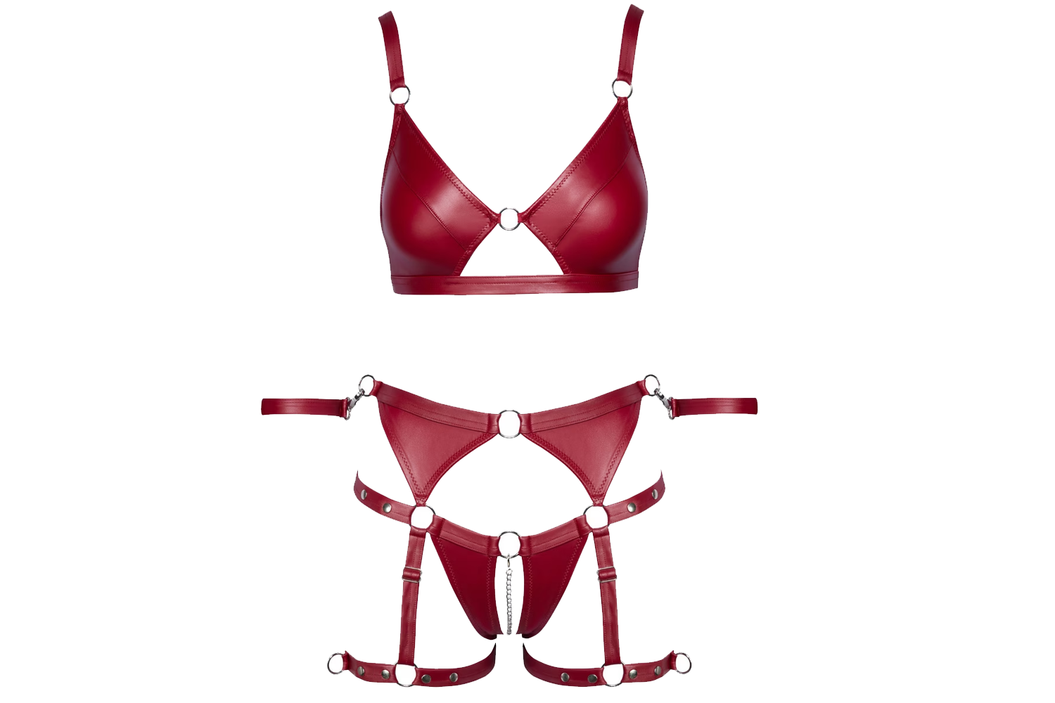 Cottelli Red Matte Wet Look Crotchless Bra Set with Restraints