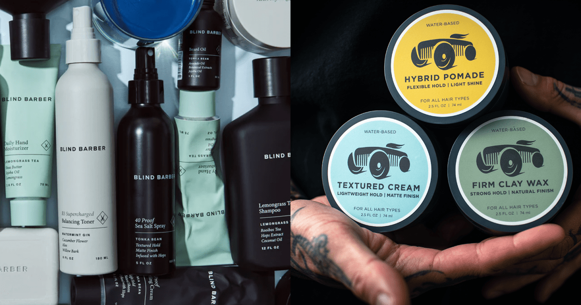 Men's grooming products from the Blind Barber (left) and Brightside (right)