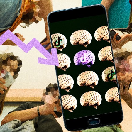A collage of Gen Z students on their phones with a phone graphic in front showing the TikTok logo on brains