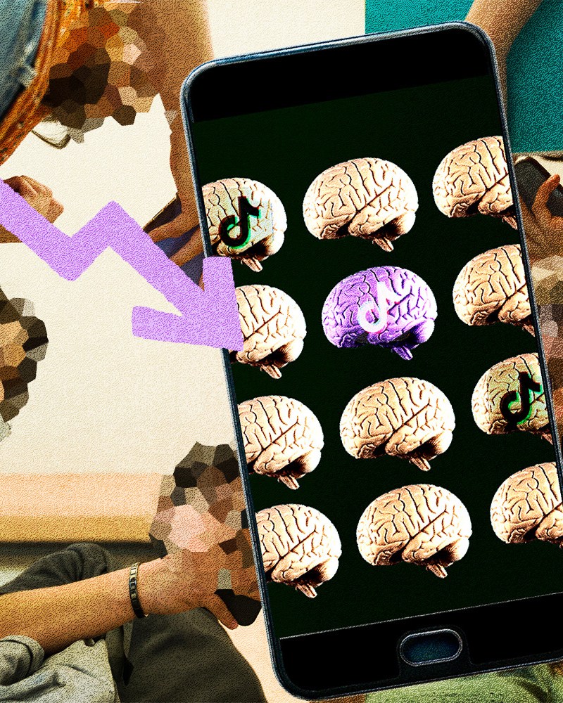 A collage of Gen Z students on their phones with a phone graphic in front showing the TikTok logo on brains