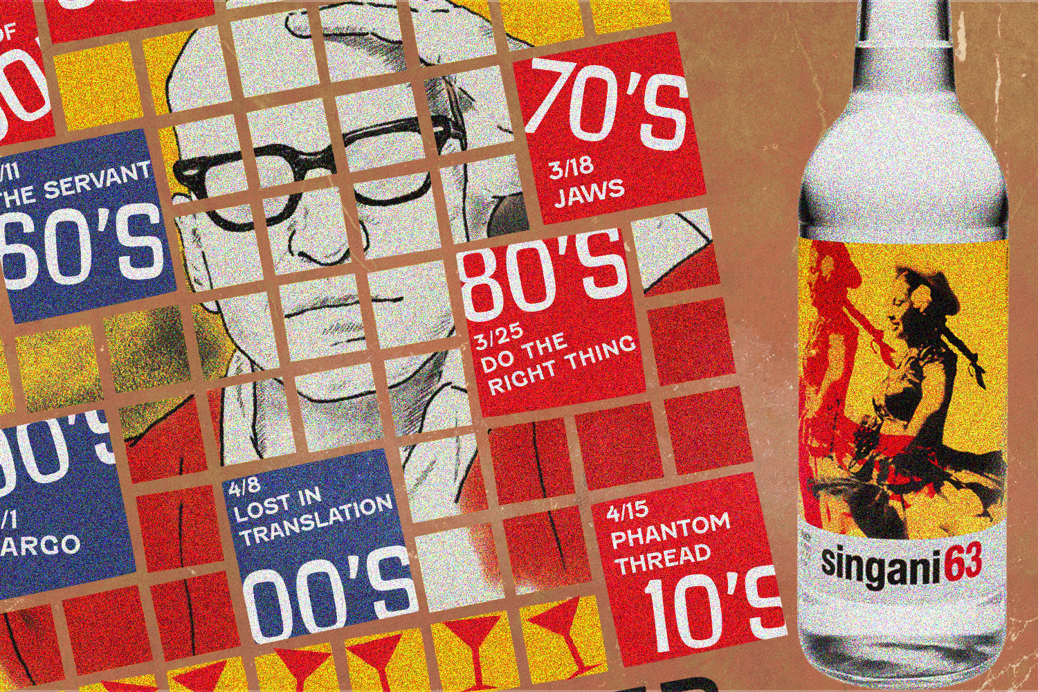 A poster for the film festival "A Man Under the Influence" and a bottle of Singani 63