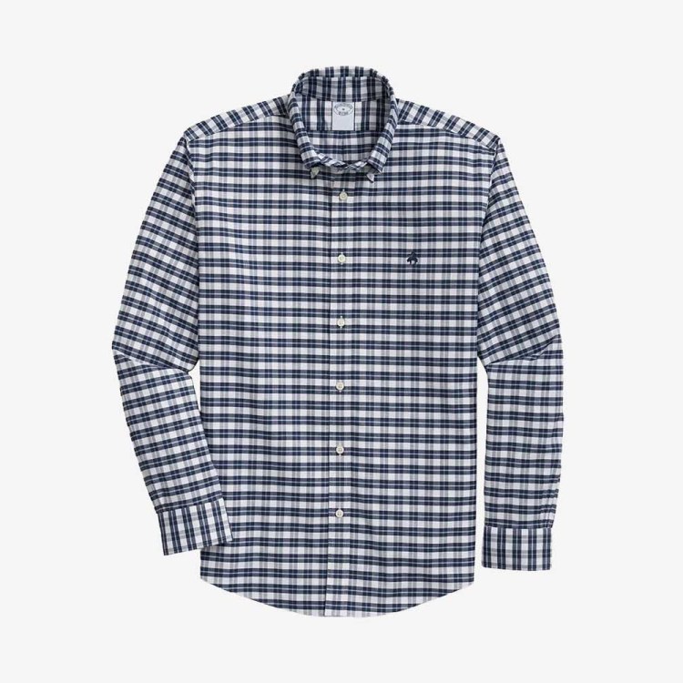 Stretch Cotton Non-Iron Oxford Polo Button Down Collar, Checked Shirt