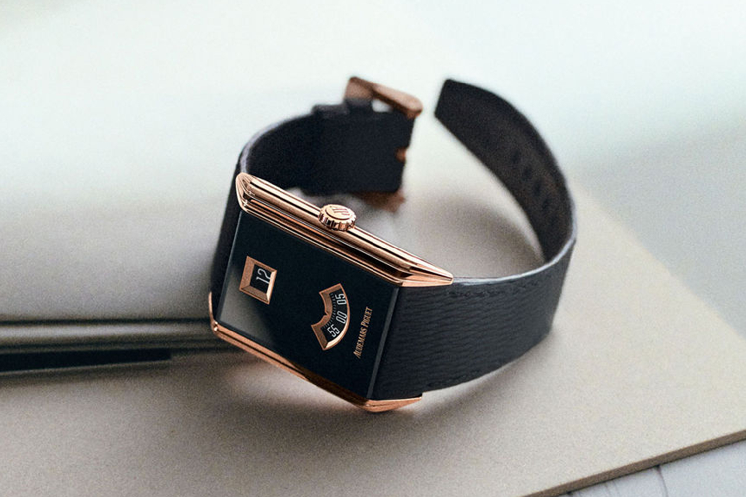 The new Audemars Piguet Neo Frame Jumping Hour watch sitting on a table