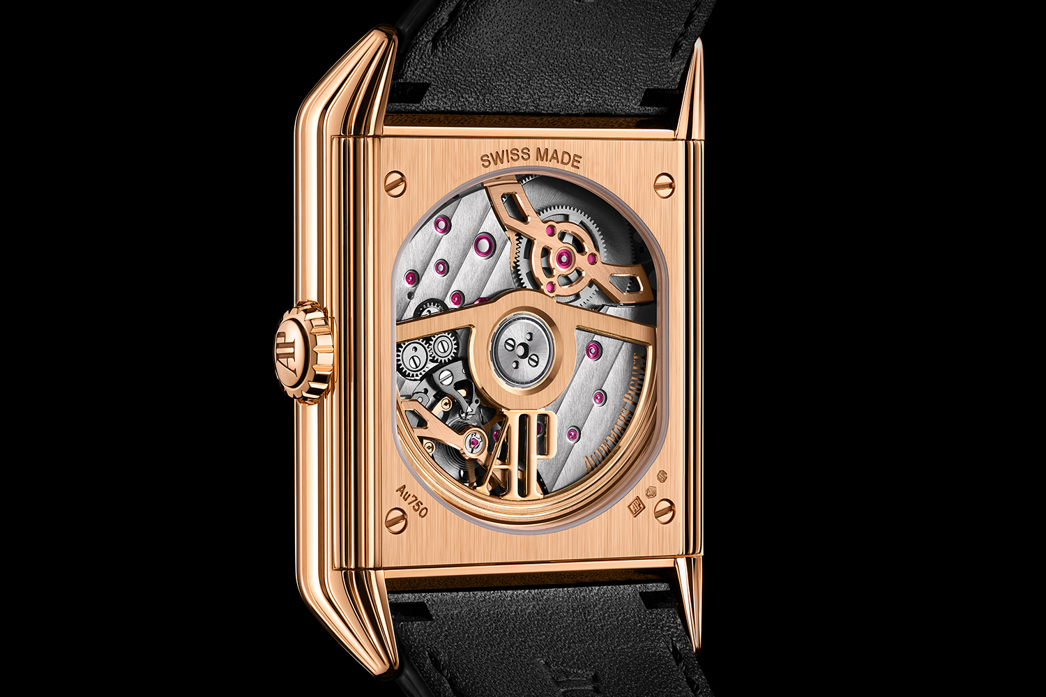 The open caseback on the Audemars Piguet Neo Frame Jumping Hour, showcasing the new Calibre 7122