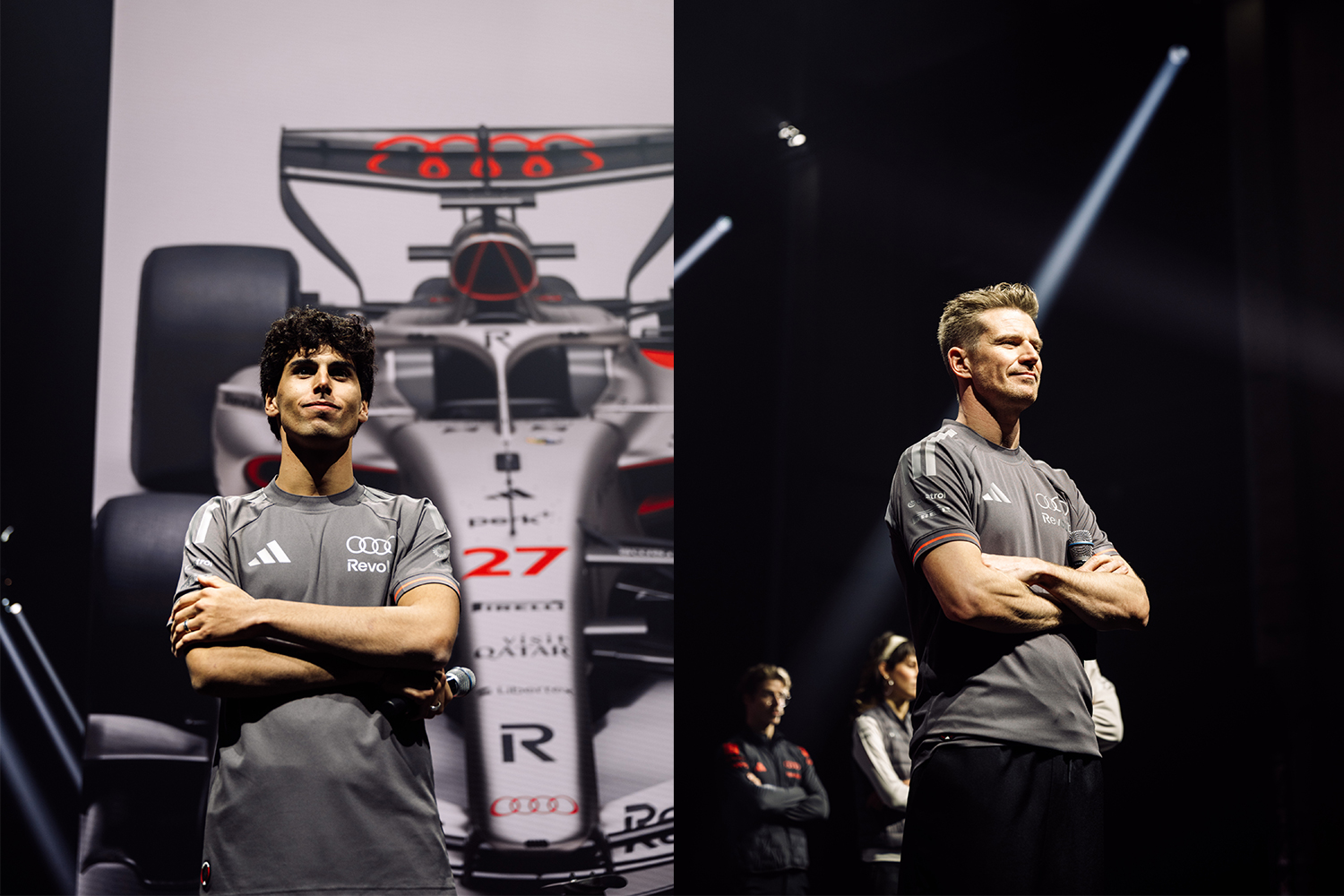 Audi F1 Revolut Team drivers Gabriel Bortoleto and Nico Hülkenberg at the team's launch event in Berlin in January 2026