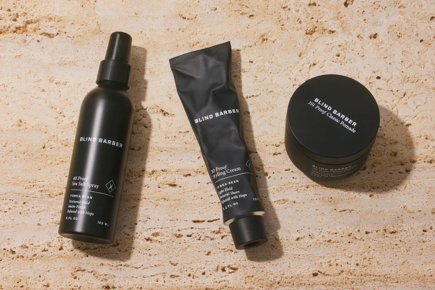 Men's hair products from Blind Barber, including the Sea Salt Spray, Styling Cream and Classic Pomade
