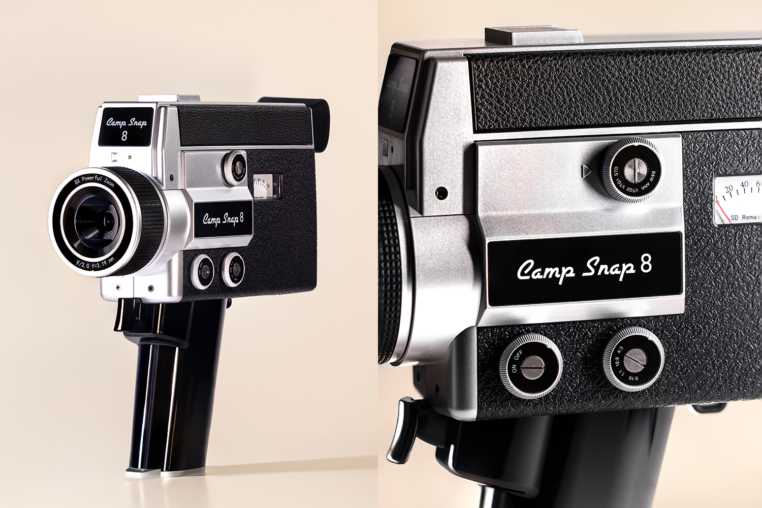 The Camp Snap CS-8 digital video camera, which is styled to look like a Super 8 camera