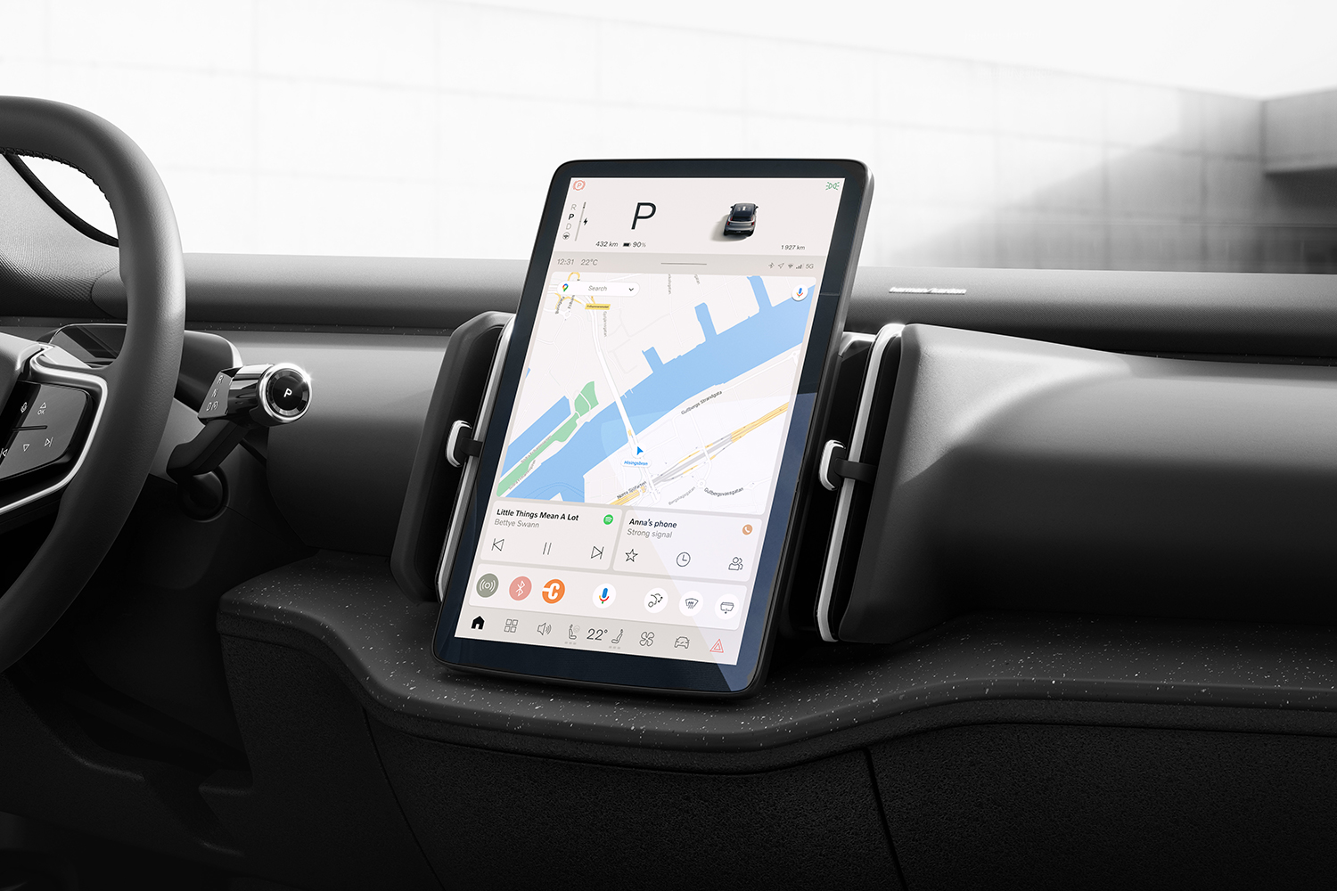 A photo of a large tablet that acts as the center display inside a modern vehicle