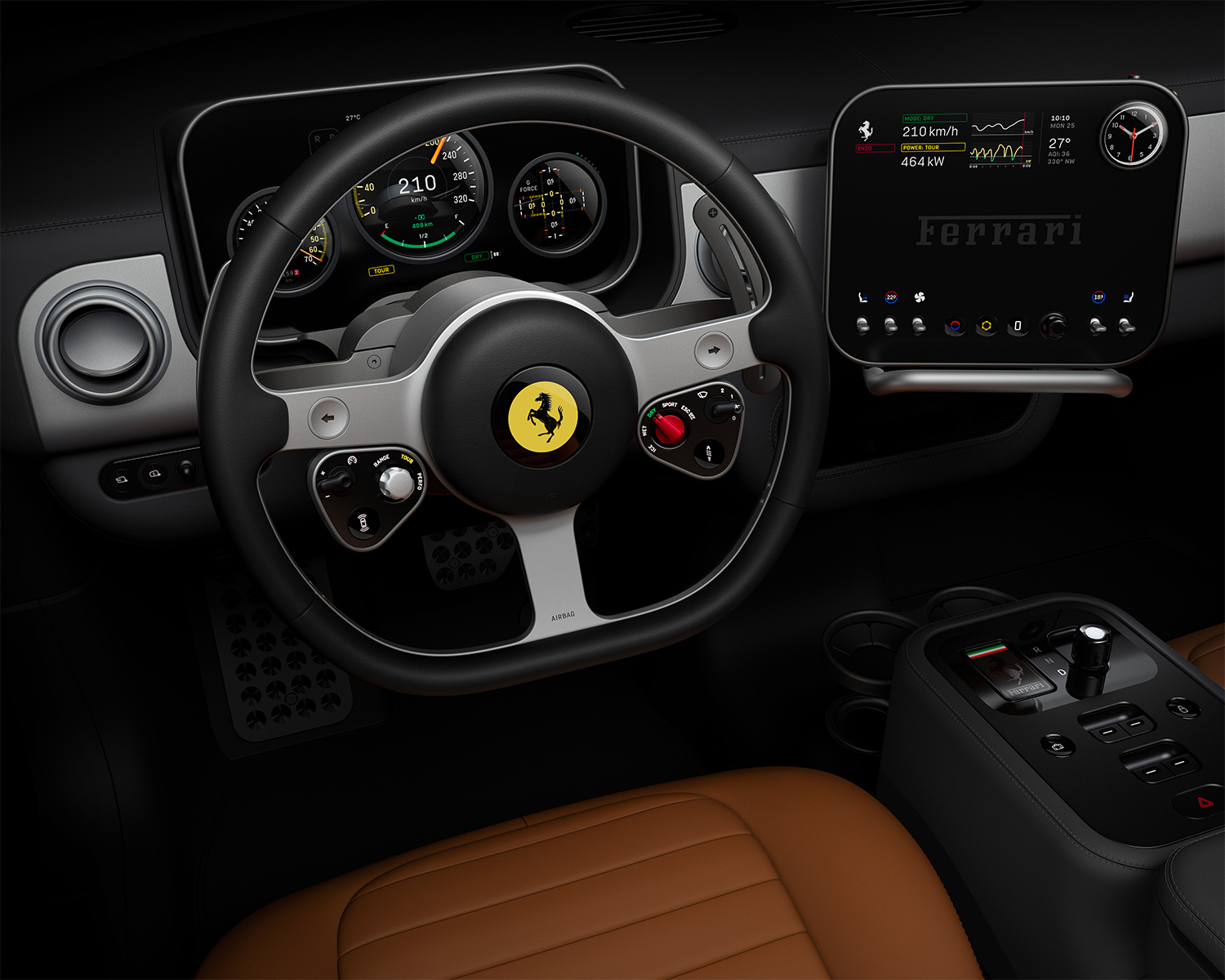 The driver's view of the steering wheel, dashboard and control panel in the Ferrari Luce EV